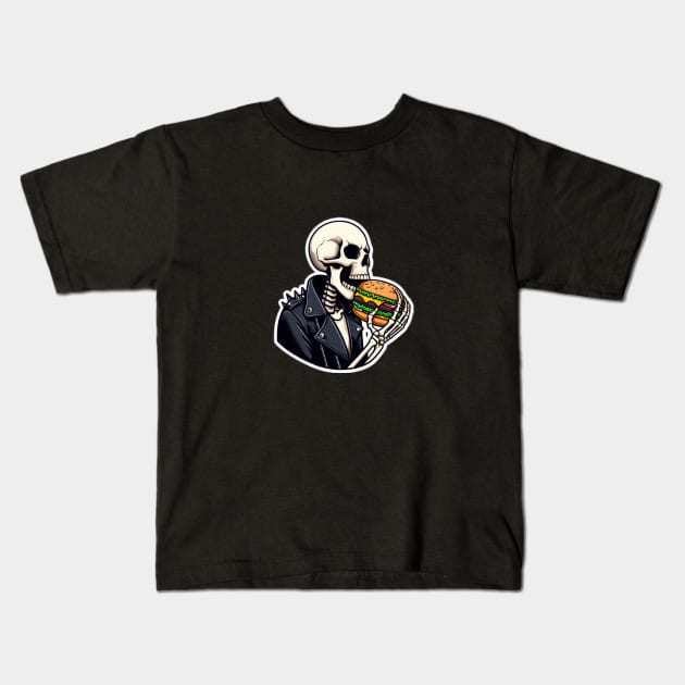 punk skeleton eat burger Kids T-Shirt by art poo